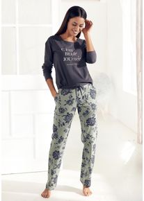 Pyjama Vivance Dreams, Damen, Gr. 44/46, gr&uuml;n (graphit, graugr&uuml;n), Single Jersey, Obermaterial: 100% Baumwolle, gebl&uuml;mt, unifarben, Basic lang, Rundhals, eingesetzt abgesteppt, Homewear-Sets Pyjama, mit gro&szlig;em Blumen-Druck