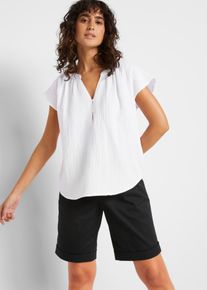 Shirtbluse bonprix "Musselin-Blusentop aus reiner Baumwolle", Damen, Gr. 38, wei&szlig;, Web, Obermaterial: 100% Baumwolle, oversize normal, Rundhals, gerader Abschluss, Blusen Shirtbluse, Oversize-Passform, mit V-Ausschnitt, aus Baumwolle
