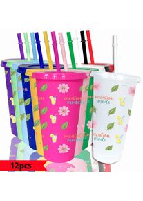 12pcs/pack Flowers Green Leaves Lemon Drink Patterns 26oz Colored Plastic Party Cold Cups for Back-to-school Birthday Gifts