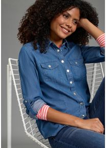 Jeansbluse Kangaroos, Damen, Gr. 44, blau (blau washed), Denim/Jeans, Obermaterial: 100% Baumwolle, unifarben, figurumspielend h&uuml;ftbedeckend, Krempel&auml;rmel,&Auml;rmel mit &Auml;rmelschlitz 1-Knopf-Manschette, Blusen Jeansbluse, f&uuml;r den Alltag, Langarm, mit klassischem Blusenkragen, Topseller