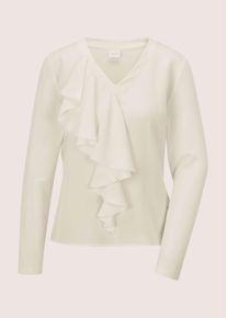 Madeleine Mode Langarmbluse MADELEINE "Volantbluse Elegante Seidenbluse mit V-Ausschnitt", Damen, Gr. 34, wei&szlig; (wollwei&szlig;), Obermaterial: 95% Viskose CV. 5% Elasthan EL., Modern, V-Ausschnitt, Blusen Langarmbluse