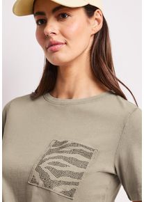 Kurzarmshirt Street One, Damen, Gr. 46, beige (timeless beige), Jersey, Obermaterial: 100% Baumwolle, unifarben, normal h&uuml;ftbedeckend, Rundhals, abgesteppte Kante, Shirts Kurzarmshirt, Sommershirt mit Rundhals und Schmucksteinen