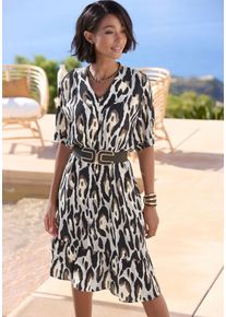 Tunikakleid Lascana, Damen, Gr. 46, N-Gr, bunt (schwarz, grau, gelb bedruckt), Web, Obermaterial: 100% Viskose, bedruckt, figurumspielend kniefrei, tiefer V-Ausschnitt, Blende, Kleider Tunikakleid, mit V-Ausschnitt aus gewebter Viskose