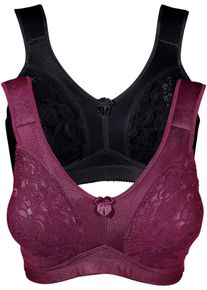 Entlastungs-BH bonprix, Damen, Gr. 100, Cup E, schwarz (schwarz, bordeaux), Obermaterial: 84% Polyamid, 16% Elasthan. Futter: 100% Polyamid. Spitze: 100% Polyamid, unifarben, BHs Entlastungs-BH, mit gepolsterten Tr&auml;gern, ohne B&uuml;gel, mit Haken & &Ouml;sen Verschluss