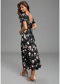 Midikleid Laura Scott, Damen, Gr. 36, N-Gr, schwarz, gebl&uuml;mt, Jersey, Obermaterial: 95% Viskose, 5% Elasthan, gebl&uuml;mt, figurumspielend Midi, V-Ausschnitt, Kleider Midikleid, mit tiefem R&uuml;ckenausschnitt und Knotendetail, gebl&uuml;mt