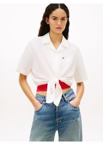 Kurzarmbluse Tommy Jeans "TJW TIE FRONT LINEN SHIRT", Damen, Gr. XS (34), ecru, Web, Obermaterial: 55% Leinen, 27% Baumwolle, 18% Viskose, unifarben, l&auml;ssig geschnitten taillenbedeckt, V-Ausschnitt, abgesteppte Kante, Blusen Kurzarmbluse, mit Knoten-Detail am Saum, Relaxed Fit