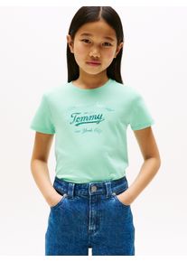 T-Shirt Tommy Hilfiger "TOMMY SCRIPT TEE SS", M&auml;dchen, Gr. 14 (164), gr&uuml;n (menthol), Single Jersey, Obermaterial: 60% Baumwolle, 40% Polyester, unifarben, regular fit h&uuml;ftlang, Rundhals, Shirts T-Shirt, f&uuml;r Kinder bis 16 Jahre, gl&auml;nzender Druck