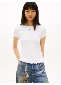 Kurzarmshirt Tommy Jeans "TJW SLIM SMOCK SS TEE", Damen, Gr. M (38), ecru, Single Jersey, Obermaterial: 96% Polyester, 4% Elasthan, unifarben, slim fit h&uuml;ftlang, Rundhals, gewellter Abschluss, Shirts Kurzarmshirt, aus Seersucker, mit Kr&auml;uselsaum