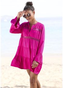 Longbluse Lascana, Damen, Gr. 44/46, pink, Web, Obermaterial: 100% Viskose. Spitze: 100% Baumwolle, unifarben, figurumspielend kurz, V-Ausschnitt, Volant, Blusen Longbluse, mit Spitzeneins&auml;tzen, Tunika, Blusenkleid, Strandmode