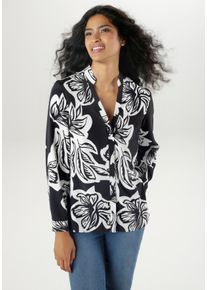 Schlupfbluse Aniston SELECTED, Damen, Gr. 38, schwarz-wei&szlig; (schwarz, wei&szlig;), Web, Obermaterial: 100% Polyester, bedruckt, gebl&uuml;mt, figurumspielend h&uuml;ftbedeckend, V-Ausschnitt, 1-Knopf-Manschette, Blusen Schlupfbluse, mit plakativem Bl&uuml;tendruck und Knopfleiste
