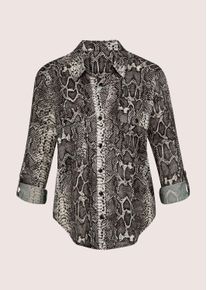 Madeleine Mode Hemdbluse MADELEINE "Bluse Lange Hemdbluse mit Unikat-Print", Damen, Gr. 44, wei&szlig; (perlwei&szlig;, multicolor), Obermaterial: 100% Polyester PES., Modern, normal, Blusen Hemdbluse