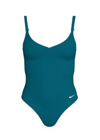 Badeanzug Nike "V-NECK ONE PIECE", Damen, Gr. M, N-Gr, blau (gr&uuml;n abyss), Jersey, Obermaterial: 83% Polyester, 17% Elasthan, Badeanz&uuml;ge Badeanzug, mittlerer Halt, verstellbare R&uuml;cken- und Schultertr&auml;ger