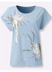 Rundhalsshirt Classic Basics "Rundhals-Shirt", Damen, Gr. 56, eisblau, silberfarben, bedruckt, 95% Baumwolle, 5% Elasthan, bedruckt, gebl&uuml;mt, gemustert, mehrfarbig, metallic, Rundhals, Shirts Rundhalsshirt