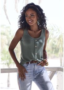 Tr&auml;gertop Lascana "mit Zierknopfleiste", Damen, Gr. 40/42, gr&uuml;n (khaki), Piqu&eacute;, Obermaterial: 69% Polyester (REPREVE), 28% Viskose, 3% Elasthan, unifarben, figurumspielend normal, Rundhals, Tops Tr&auml;gertop, aus weicher Piqu&eacute;-Qualit&auml;t