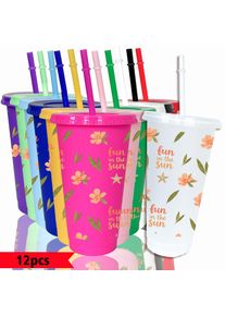 12pcs/pack Flowers Leaves Words Patterns 26oz Colored Plastic Party Cold Cups for Back-to-school Birthday Gifts
