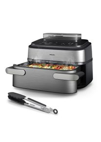 Philips Hei&szlig;luftfritteuse "NA565/02 Steam Airfryer 5000 Series Megabasket, 9,5L Kapazit&auml;t", silber edelstahl, schwarz, B:49,6cm H:35,5cm T:32,9cm, Fritteusen, mit Dampfgarfunktion u. RapidAir Plus Technologie; inkl. Servierzange, Hei&szlig;luftfritteuse