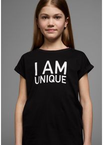 T-Shirt Kidsworld "Mit Spruch: I AM UNIQUE", M&auml;dchen, Gr. 176/182, schwarz, Single Jersey, Obermaterial: 100% Baumwolle, bedruckt, weit h&uuml;ftbedeckend, Rundhals, Aufschlag, Shirts T-Shirt, kurz&auml;rmelig, weit geschnitten, bedruckt, Rundhalsausschnitt