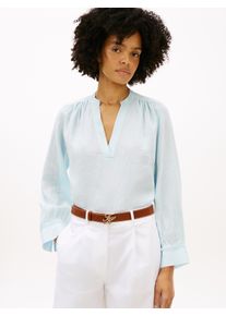 Langarmbluse Tommy Hilfiger "ESSENTIAL LINEN V-NECK LONGSLEEVE BLOUSE", Damen, Gr. XS (34), keepsake blau, Web, Obermaterial: 100% Leinen, unifarben, gerade normal, V-Ausschnitt, mit Knopf mit Schlitz, Blusen Langarmbluse, mit gerafften Schultern, Relaxed Fit