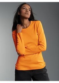 Longsleeve TRIGEMA "TRIGEMA Langarmshirt", Damen, Gr. M, curry, Feinstrick, 95% Baumwolle, 5% Elastan, Basic, lang, Rundhals, Shirts Longsleeve