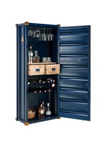 Ambia Home Barschrank, Blau, Goldfarben, Holz, Metall, Holzwerkstoff, Mangoholz, Hartholz, Vintage, 1 F&auml;cher, 2 Schublade(n) Schubladen, 73x176x41 cm, stehend, handgemacht, Esszimmer, Barm&ouml;bel, Barschr&auml;nke & Theken