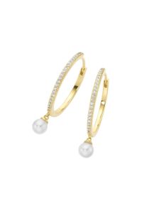 Paar Creolen "Klappcreolen mit wei&szlig;en Muschelkern-Perlen und Zirkonia, Silber 925", gold, Giorgio Martello MILANO, Ohrringe, Damen, Silber 925 (Sterlingsilber), Paar Creolen