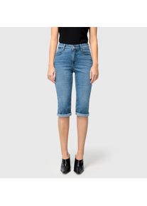 Caprijeans MAC "Dream-Sum", Damen, Gr. 46, N-Gr, blau (mid light blau wash), Denim/Jeans, Obermaterial: 75% Baumwolle, 12% Modal, 9% Polyester, 4% Elasthan, figurbetont kniebedeckend, Jeans Caprijeans, Bequemer Sitz mit krempelbarem Saum
