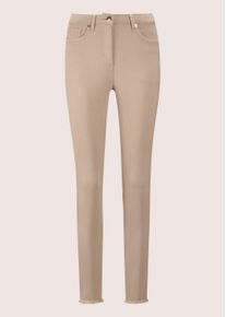 Madeleine Mode Regular-fit-Jeans MADELEINE "Jeans Mid Waist Skinny-Hose mit Fransen", Damen, Gr. 22, N + K Gr, beige (berber), Obermaterial: 92% Baumwolle CO. 6% Polyester PES. 2% Elasthan EL., Modern, normal, Jeans Regular-fit-Jeans, mit Fransensaum
