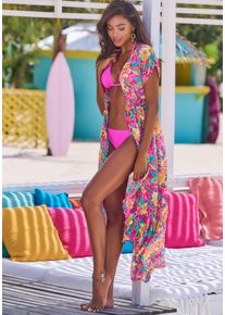 Strandkleid Lascana, Damen, Gr. 46, N-Gr, pink bedruckt, Web, Obermaterial: 100% Modal, bedruckt, gebl&uuml;mt, figurumspielend lang, Kleider Strandkleid, im Kimono-Style zum Binden, Kurzarm, Alloverprint, sommerlich