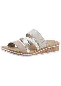 Pantolette Rieker, Damen, Gr. 42, beige (hellbeige kombiniert), Lederimitat, Schuhe Pantolette, Keilabsatz, Sommerschuh, 150 Jahre Rieker Jubil&auml;umsartikel