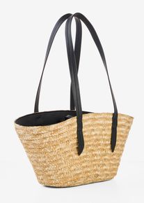 Borsa shopper effetto paglia con ciondolo a forma di fiori, Beige, Taglia 19x26 cm, bonprix