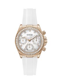 Multifunktionsuhr Guess "VICTORIA", wei&szlig;, ros&eacute;goldfarben, Armbanduhren, Damen, Multifunktionsuhr, Quarzuhr, Armbanduhr, Damenuhr, Silikonarmband, analog, Wochentag, Tag