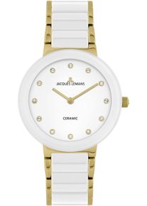 Keramikuhr Jacques Lemans "Monaco", gold (wei&szlig;, goldfarben), Armbanduhren, Damen, Keramikuhr, Quarzuhr, Armbanduhr, Damenuhr, bis 10 bar wasserdicht, Glaskristalle