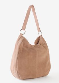 Veloursledertasche mit dekorativem Zusatzriemen, beige, Gr&ouml;&szlig;e 34x38 cm, Veloursleder, bonprix