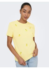 T-Shirt Only "ONLKITA S/S PEARL TOP BOX JRS", Damen, Gr. M, sunlight aop:lemon, Jersey, Obermaterial: 100% Baumwolle, bedruckt, regular fit normal, Rundhals, Shirts T-Shirt, Baumwolle, regular fit, Rundhals