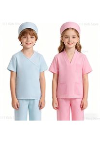 Children's Doctor Nurse Role Simulation Uniform Halloween Cosplay Costumes Short Sleeved Sets Top+Pants+Hat Summer 3 Piece Sets