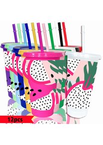 12pcs/pack Pitaya Green Leaves Speckled Patterns 26oz Colored Plastic Party Cold Drinks for Back-to-school Birthday Gifts