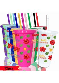 12pcs/pack Flowers Leaves Smiling Face Patterns 26oz Colored Plastic Party Cold Cups for Back-to-school Birthday Gifts