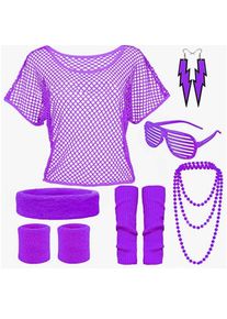 Kids Neon Performance Outfit Fishnet Top Glasses 7 Piece Party Dance Costume Set