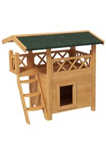 PawHut Cat House Outdoor w/ Balcony Stairs Roof, 77 x 50 x 73 cm, Natural Wood Finish | Aosom Ireland