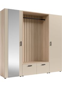 HBZ-MEBLE Garderoben-Set HBZ "Hannover Kompaktgarderobe B/H/T 210x200x45 cm", riva oak, kaschmir, B:210cm H:200cm T:45cm, Holzwerkstoff, Kastenm&ouml;bel-Sets, Garderoben-Set, Breite 210cm, 4-tlg. Metallgriffe