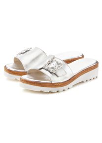 Pantolette Lascana "Sandale, Sommerschuh, offener Schuh, Mule", Damen, Gr. 35, silberfarben, Obermaterial: 100% Schafsleder. Decksohle: 100% Lederimitat. Futter: 100% Synthetik. Laufsohle: 100% Synthetik, gl&auml;nzend, Schuhe Pantolette, aus Leder mit dezentem Keilabsatz
