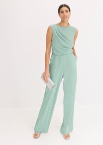 Overall bonprix, Damen, Gr. 50, N-Gr, pastellgr&uuml;n (l&auml;nge: regul&auml;r), Satin, Obermaterial: 97% Polyester, 3% Elasthan. Futter: 100% Polyester, leicht gl&auml;nzend, unifarben, festlich, loose fit lang, Rundhals, Overalls Overall, leicht gl&auml;nzender Satin, Drapierung im Oberteil, weites Hosenbein