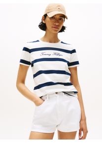 Kurzarmshirt Tommy Hilfiger "SCRIPT REG C-NK SS T-SHIRT", Damen, Gr. XS (34), beige (wide stp ivory silk, schwarz night), Single Jersey, Obermaterial: 100% Baumwolle, gestreift, regular fit normal, Rundhals, Shirts Kurzarmshirt, Baumwolle