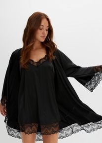 Morgenmantel bonprix Gr. 48, schwarz, 48/50 (XL), Satin, Hausm&auml;ntel, Morgenmantel, im Kimono-Stil mit Neglig&eacute;, mit hochwertiger Spitze