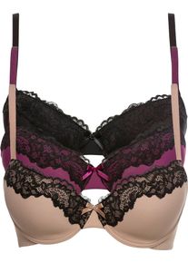 Schalen-BH bonprix "Schalen-BH mit recyceltem Polyamid (3er Pack)", Damen, Gr. 95, Cup D, hellbraun, schwarz, schwarz, schwarz, beere, schwarz, Spitze, Obermaterial: 80% Polyamid, 20% Elasthan. Spitze: 86% Polyamid, 14% Elasthan, mehrfarbig, unifarben mit Farbeinsatz, Basic, BHs Schalen-BH, im 3er Pack, aus Polyamid und Elasthan, mit Spitze