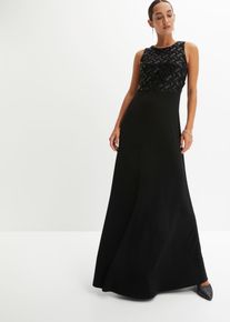 Maxikleid bonprix, Damen, Gr. 48/50 (XL), N-Gr, schwarz (l&auml;nge: regul&auml;r), Web, Obermaterial: 95% Polyester, 5% Elasthan. Futter: 100% Polyester. Oberteil: 100% Polyester, unifarben, festlich, figurumspielend lang, Rundhals, Kleider Maxikleid, Oberteil mit Paillettenstickerei, elegant, &auml;rmellos