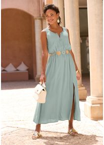 Midikleid Lascana, Damen, Gr. 46, N-Gr, salbeigr&uuml;n, Web, Obermaterial: 100% Viskose, unifarben, figurumspielend Midi, Rundhals, Kleider Midikleid, mit Rei&szlig;verschluss am Ausschnitt