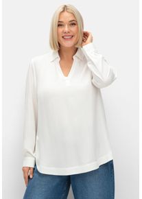 Longbluse sheego, Damen, Gr. 44, beige (ecru), 100% Viskose, unifarben, V-Ausschnitt, Blusen Longbluse