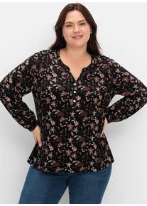 Longbluse sheego, Damen, Gr. 44, lila (aubergine, schwarz, gemustert), 100% Viskose, gebl&uuml;mt, gemustert, unifarben, Rundhals, Blusen Longbluse