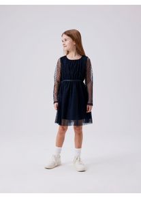 Minikleid name it "NKFVABOS LS DRESS NOOS", M&auml;dchen, Gr. 158, N-Gr, blau (schwarz sapphire), Web, Obermaterial: 100% Polyester, unifarben, Midi, tiefer Rundhals, Kleider Minikleid, elastische Taille, Glitzer - Effekt